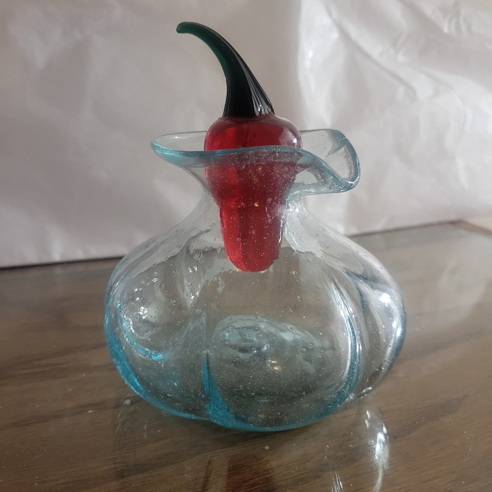 Vintage Handblown Aqua Blue Glass Cruet With A Decorative Chili Pepper Stopper